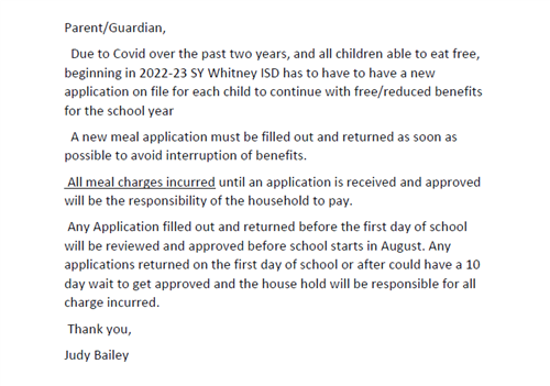 Cover Letter for 2022-23 Meal Applications
